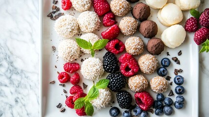 Wall Mural - A raw vegan dessert platter featuring cacao truffles, coconut macaroons, and fresh berries, beautifully displayed on a marble background