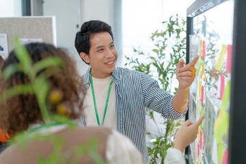 Business people planning at whiteboard in office meeting,discussing roadmap to product launch, planning,strategy,new business development,working with new startup project in office.