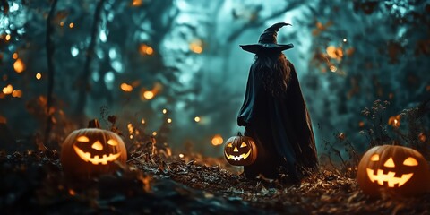 Wall Mural - Witch in a Spooky Halloween Forest created by ai