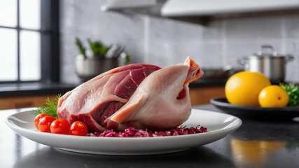 single raw duck meat prepared for ingredient isolated in a kitchen background