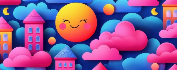 Wall Mural - A vibrant and playful illustration featuring a smiling sun, colorful clouds, and whimsical buildings in a dreamy setting.