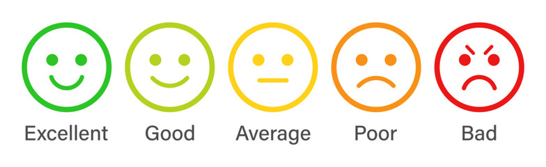 Aufkleber - Rating emoji set in stroke style for customer feedback or product experience in different colors. Five-star rating emoji icon set. Emoji feedback scale. Rating emoji collection. Vector illustration.