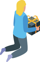 Sticker - Woman kneeling and holding a gift box with a golden ribbon, isometric view