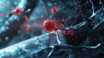 Poster - A tiny nanobot works diligently to mend damaged tissue at the cellular level within a vibrant biological landscape