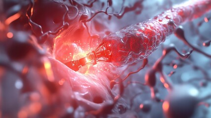 Poster - A nanobot meticulously performs repairs on a damaged cellular structure, enhancing biological processes in a vibrant environment
