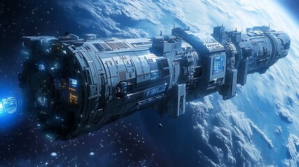 Poster - A futuristic space station orbiting a distant planet, with digital controls in view.