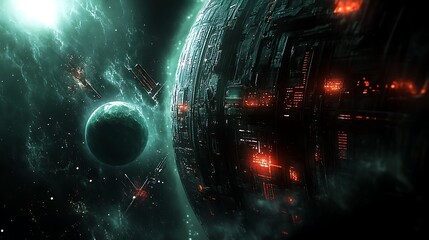 Poster - A futuristic space station orbiting a distant planet, with digital controls in view.