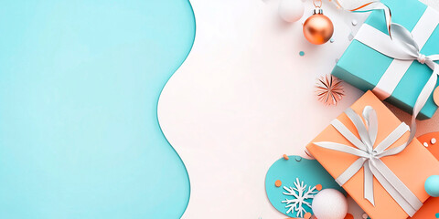 Wall Mural - Christmas and New year celebration cosy template. Warm atmosphere, soft pastel colors. Modern trendy background with copy space. Banner wallpaper poster header social media post. Generative Ai content