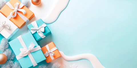 Wall Mural - Christmas and New year celebration cosy template. Warm atmosphere, soft pastel colors. Modern trendy background with copy space. Banner wallpaper poster header social media post. Generative Ai content