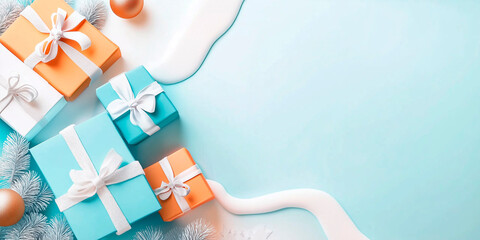 Wall Mural - Christmas and New year celebration cosy template. Warm atmosphere, soft pastel colors. Modern trendy background with copy space. Banner wallpaper poster header social media post. Generative Ai content