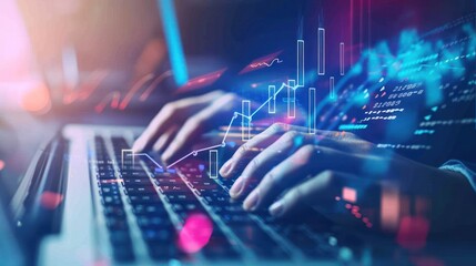 Poster - Hands Typing on a Laptop with Data and Charts