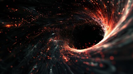 An intricate 3D depiction of a black hole with swirling accretion disk and cosmic jets shooting out