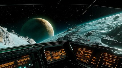 Poster - A futuristic space station orbiting a distant planet, with digital controls visible