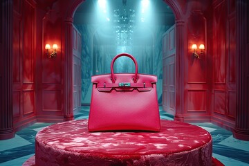 Pink Leather Handbag on a Velvet Pedestal