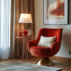 Sticker - Designer lamp above copper table next to red armchair in bright apartment interior.