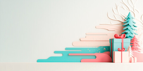 Wall Mural - Christmas and New year celebration cosy template. Warm atmosphere, soft pastel colors. Modern trendy background with copy space. Banner wallpaper poster header social media post. Generative Ai content