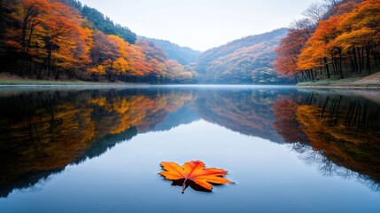 Sticker - A lone leaf floating in a lake surrounded by colorful trees, AI