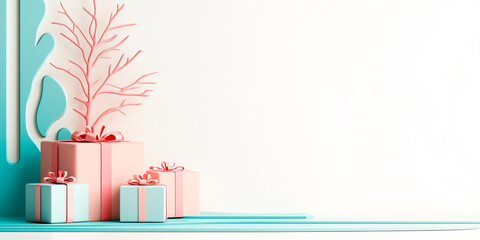 Wall Mural - Christmas and New year celebration cosy template. Warm atmosphere, soft pastel colors. Modern trendy background with copy space. Banner wallpaper poster header social media post. Generative Ai content