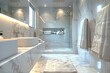 © Parvez - bathroom with marble sink and matching marble floors and walls with shower and frameless wall mirror, towel racks with clean towels and chrome fixtures, shower and LED lights 3D rendered.