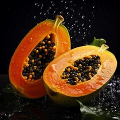 Wall Mural - illustration of tasty fresh mouth watering papayas with water drops, Generative ai