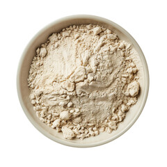 Beige powder in a bowl isolated on a white background.