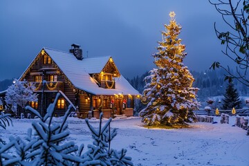 Wall Mural - A large Christmas tree with sparkling red and gold ornaments, standing tall next to a snowy Christmas house