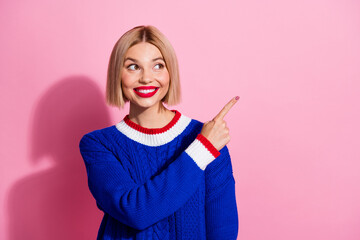 Sticker - Photo portrait of pretty young girl point look empty space wear trendy blue outfit isolated on pink color background