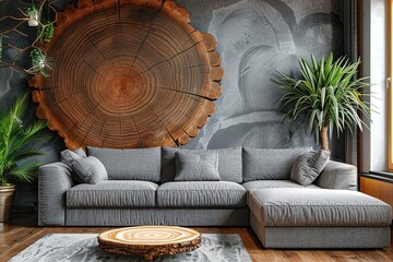 Wall Mural - Contemporary Elegance Modern Gray corner sofa near beautiful wall with wooden grain cut wallpaper. Interior design of modern minimalist living room.