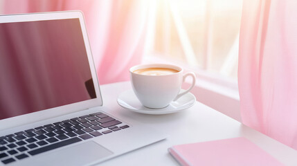 Wall Mural - A laptop computer on a desk with cup of coffee and pink curtains, AI