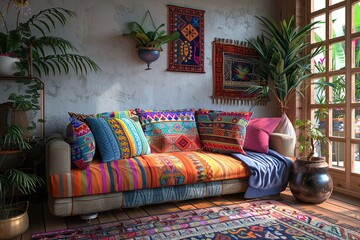 Wall Mural - Bohemian Chic Lounge with vibrant textiles, eclectic decor, and boho-inspired furnishings creating a free-spirited, artistic ambiance. Bohemian chic home decor.