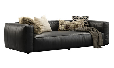 Canvas Print - Modern black leather upholstery sofa with pillows and plaid. 3d render.