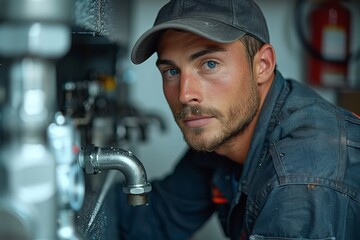 A young, skilled plumber in a work uniform and cap kneeling in the bathroom to repair white pipes under the sink. Home maintenance and professional handyman service.