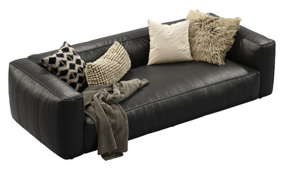 Canvas Print - Modern black leather upholstery sofa with pillows and plaid. 3d render.