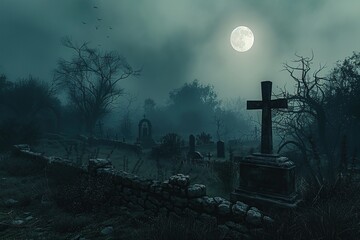 Wall Mural - Spooky Graveyard Under a Full Moon