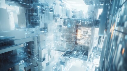 Poster - An advanced AGI system is engaged in designing intricate structures within a futuristic, high-tech urban space