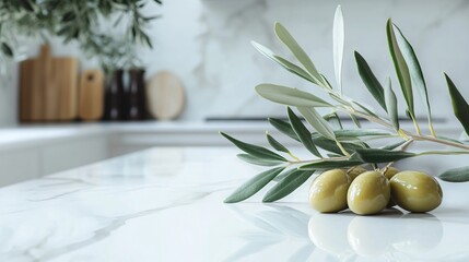 Poster - A still life of an olive branch with ripe olives, resting on a white marble countertop with a minimalistic, modern kitchen backdrop