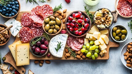 Wall Mural - A top-down view of a charcuterie board with a variety of cheeses, olives, nuts, and fresh fruit, elegantly arranged for a casual gathering