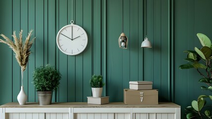 Elegant apartment with a chic living room including a white clock, elegantly arranged boxes, and tasteful shelf items. Green wood paneling. contemporary home preparation. model. interior design.