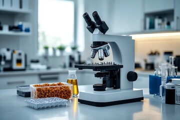 Wall Mural - High tech laboratory with microscopes and petri dishes symbolizing the intersection of science technology and the future of food innovation