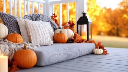 Poster - A porch with a couch and pumpkins on it, AI