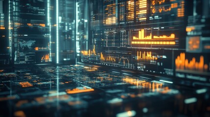 Poster - An advanced AGI system processes intricate data patterns in a modern, high-tech facility illuminated by glowing displays