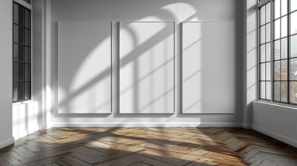 Three vertical white wooden-framed wall art mockups leaning against the wall in an empty, modern room with parquet flooring. Realistic lighting creates shadows on the blank canvases.