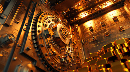 A highly secure bank vault door with intricate locking mechanisms and stacks of gold bars inside. 