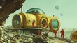 © CRISPIFLY - 1950s retrofuturistic space military outpost built by workers in red jumpsuits on alien terrain.