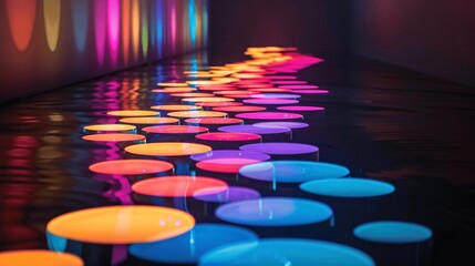 Poster - Illuminated circles and ellipses cascade in a gradient of neon shades, glowing with vibrant layers.