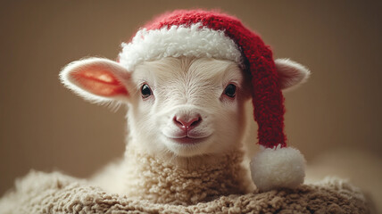 The little lamb sleeps curled up on the straw. Professional photography.