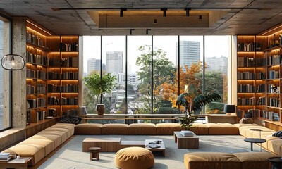 Poster - Simple interior of co-working office with bookcase and panoramic windows with city view.