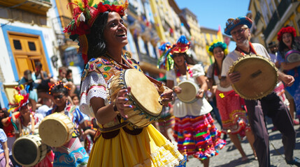 A lively street parade during a cultural festival, with people dressed in traditional costumes, dancing, and playing musical instruments.