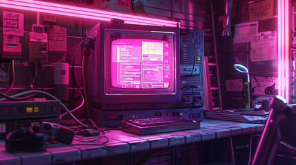 a picture of a computer with pink lights and smoke coming out of it.