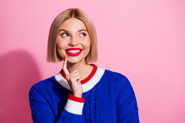 Poster - Photo portrait of young cute lady in blue knitwear touch cheek look novelty admire new office gadgets isolated on pink color background